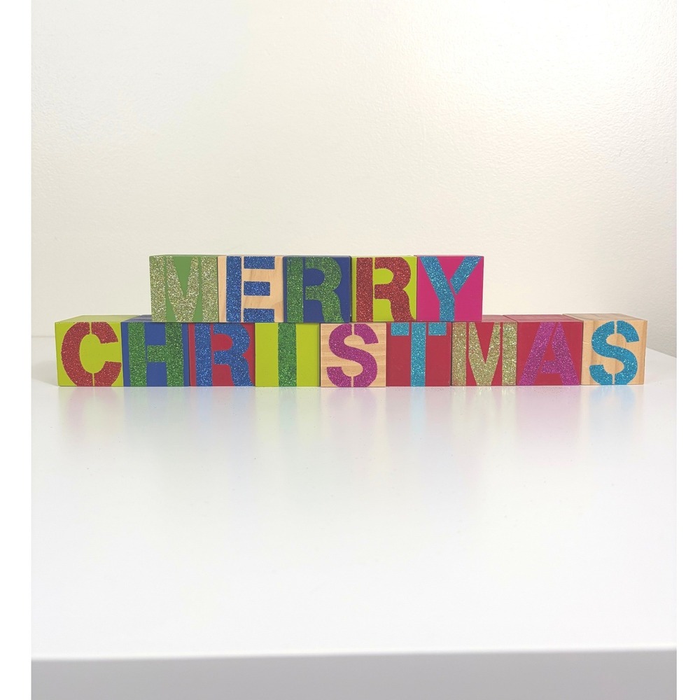 Merry Christmas Wooden Letter Blocks Glitter Festive Decor Holiday